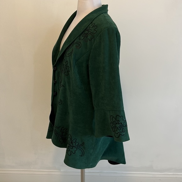 Bob Mackie Green Faux Suede Sequined Bell Sleeve Jacket - Picture 3 of 8